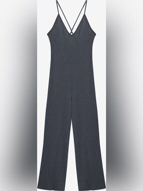 Pull&Bear Rib-Knit Wide Leg Jumpsuit *IN BEIGE*, SIZE MEDIUM